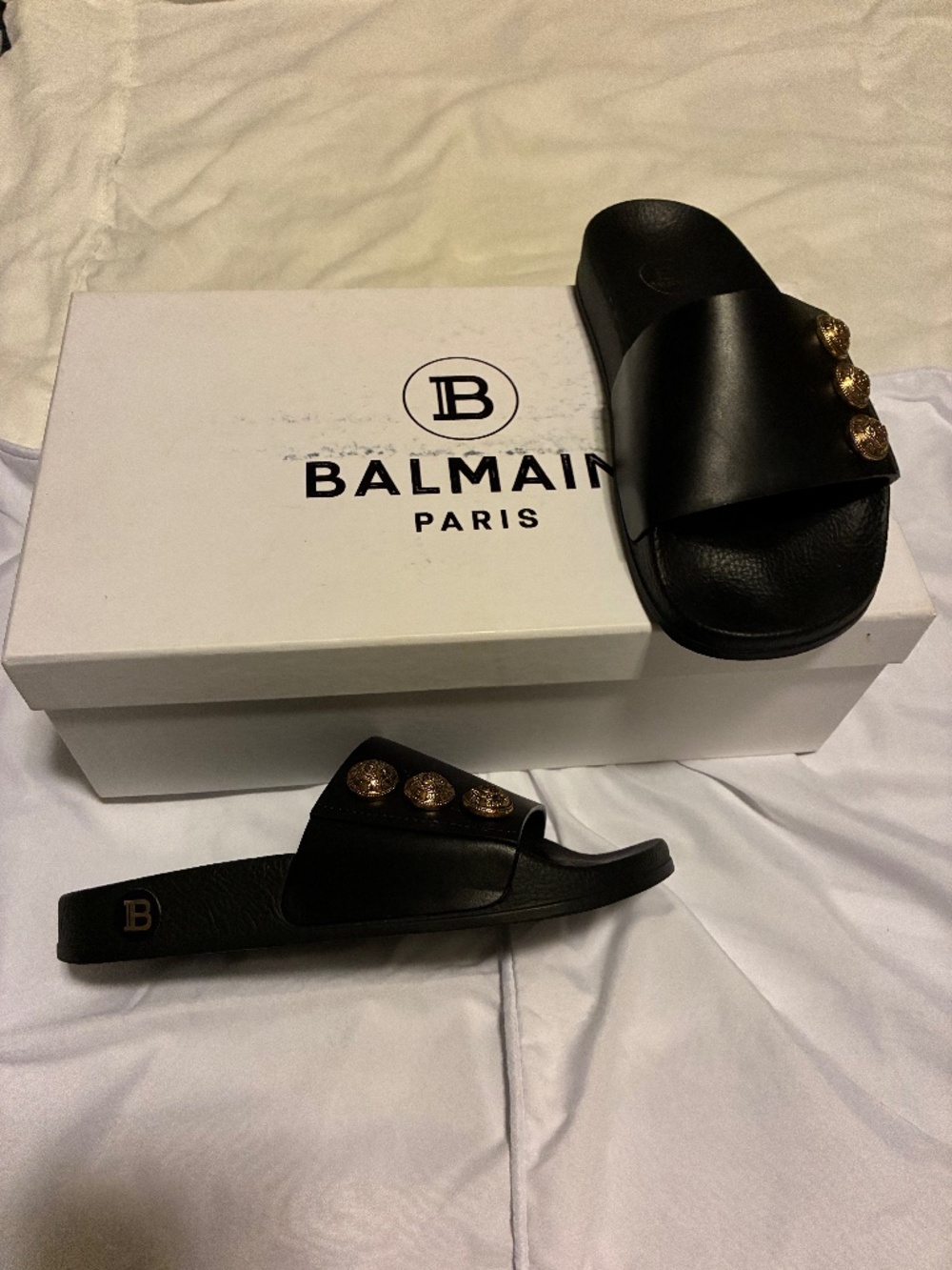 Balmain Paris Black Leather Slide Sandals Size 35